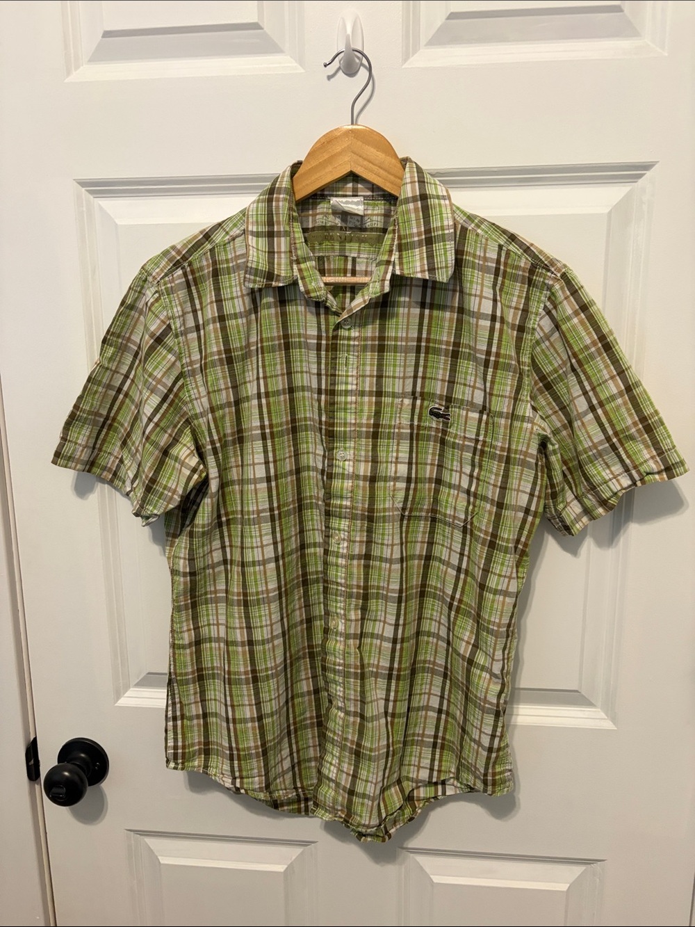 Lacoste Green and Brown Plaid Short-Sleeve Button-Down Shirt Vintage